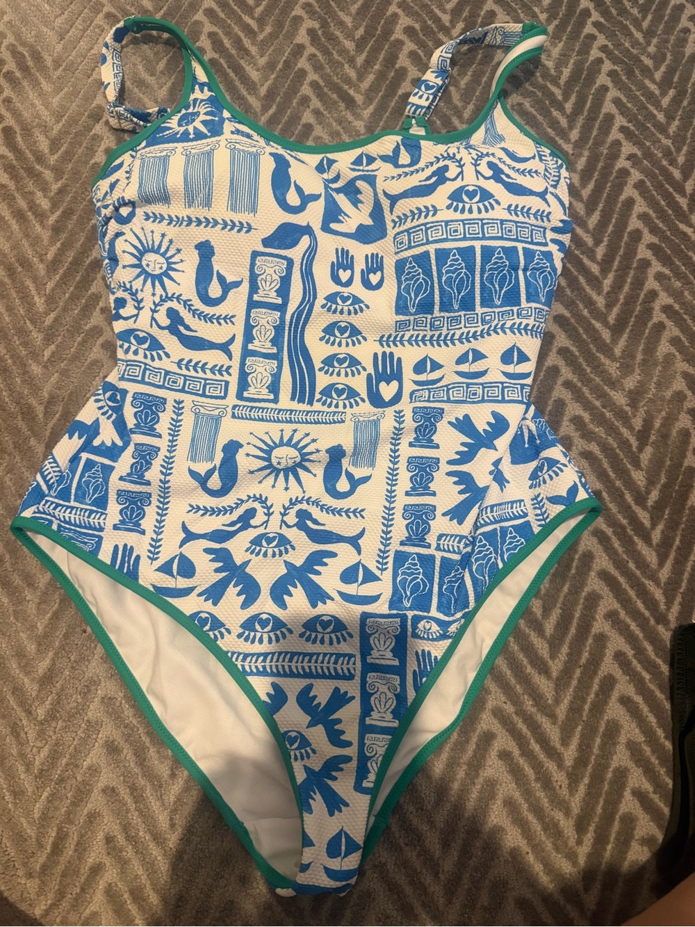 One-Piece Swimsuit in Blue and White with Teal Trim
